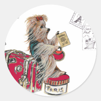Yorkie Travelling Paris Classic Round Sticker
