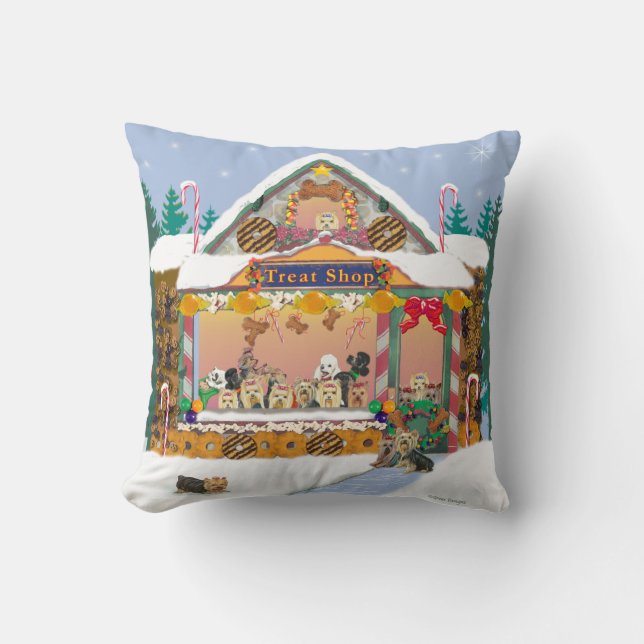 Yorkie Treat Shop Christmas Holiday Pillow (Front)