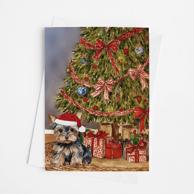 Yorkie Watercolor Under the Christmas Tree Card (Creator Uploaded)
