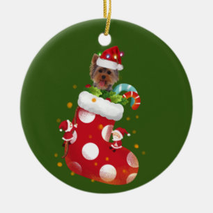 Yorkie With Hat Sock Christmas Ceramic Tree Decoration