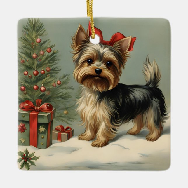 Yorkie with Presents near a Christmas Tree  Ceramic Ornament (Front)