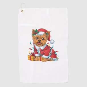 Yorkie Xmas Lighting Santa Yorkie Dog Christmas Golf Towel