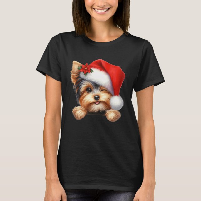 Yorkie Yorkshire Terrier Dog Christmas Santa Hat D T-Shirt (Front)
