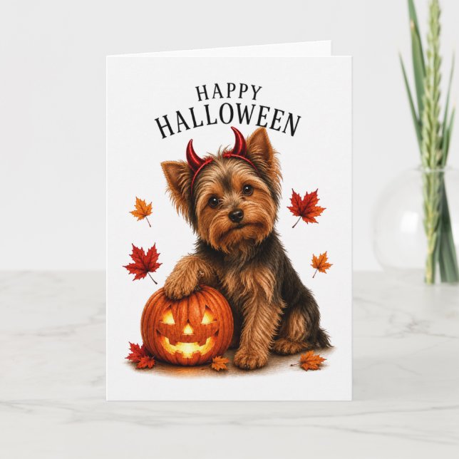 Yorkie Yorkshire Terrier Halloween Devil Dog Card (Front)