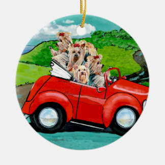 Yorkies in Red Convertible Ceramic Tree Decoration
