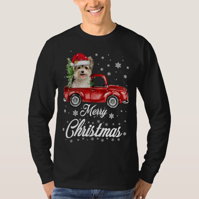 Yorkies Ride Red Truck Christmas Pajama T-Shirt (Front)