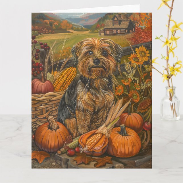 Yorkipoo Dog Autumn Harvest Thanksgiving Card (Yellow Flower)