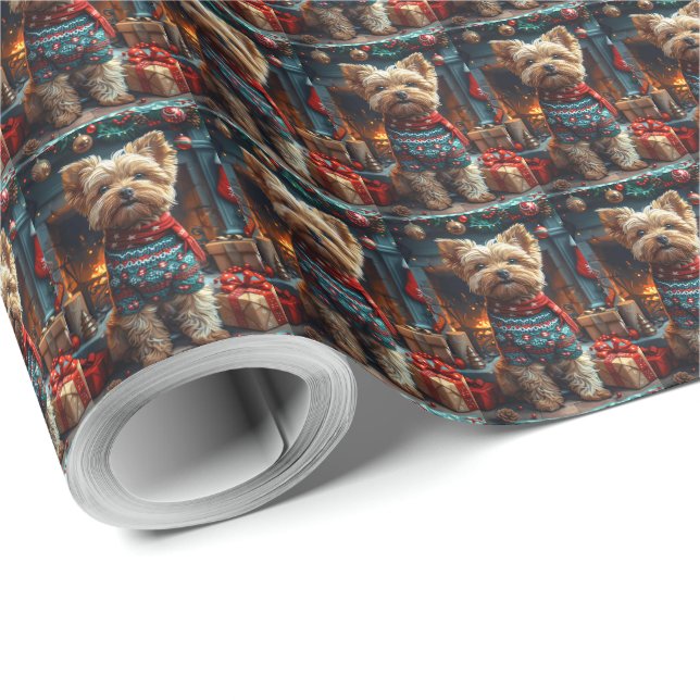 Yorkipoo Dog With Christmas Gifts Fireplace Wrapping Paper (Roll Corner)