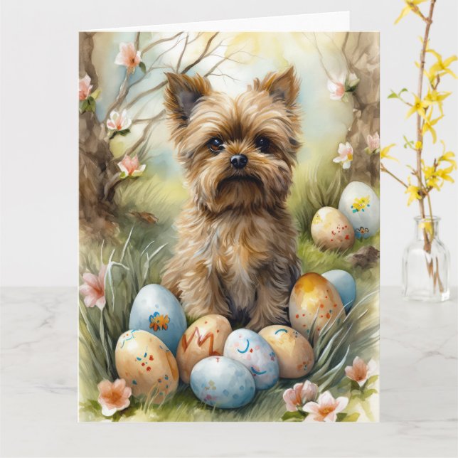 Yorkipoo Dog With Easter Eggs Holiday Card (Yellow Flower)
