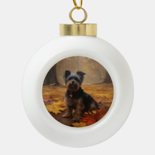 Yorkipoo in Autumn Leaves Fall Inspire Ceramic Ball Christmas Ornament