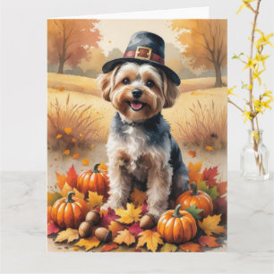 Yorkipoo In Autumn Leaves Thanksgiving Art Card
