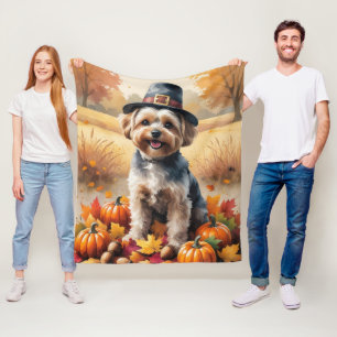 Yorkipoo In Autumn Leaves Thanksgiving Art Fleece Blanket