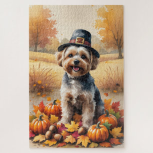 Yorkipoo In Autumn Leaves Thanksgiving Art Jigsaw Puzzle