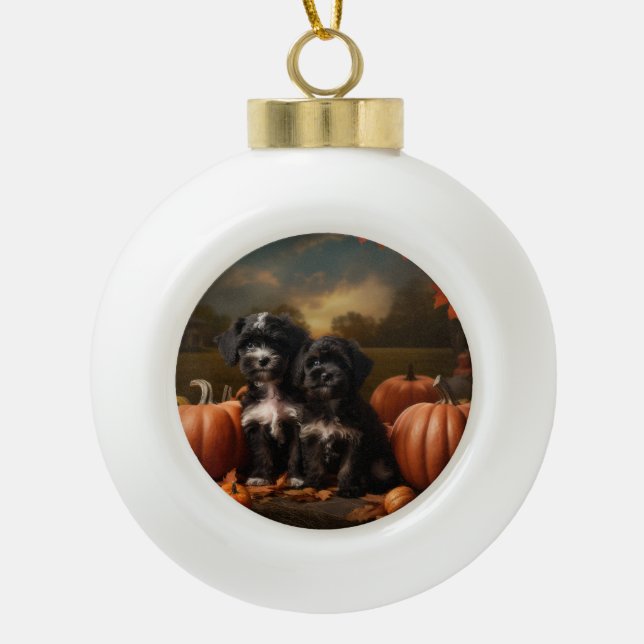 Yorkipoo Puppy Autumn Delight Pumpkin Ceramic Ball Christmas Ornament (Front)