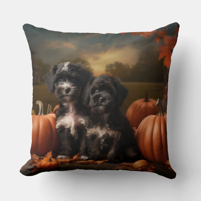 Yorkipoo Puppy Autumn Delight Pumpkin Cushion (Front)