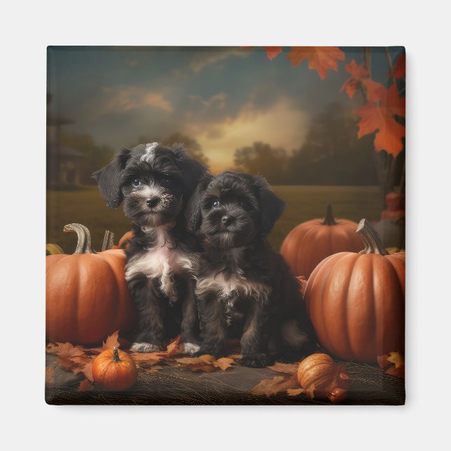 Yorkipoo Puppy Autumn Delight Pumpkin Magnet (Front)