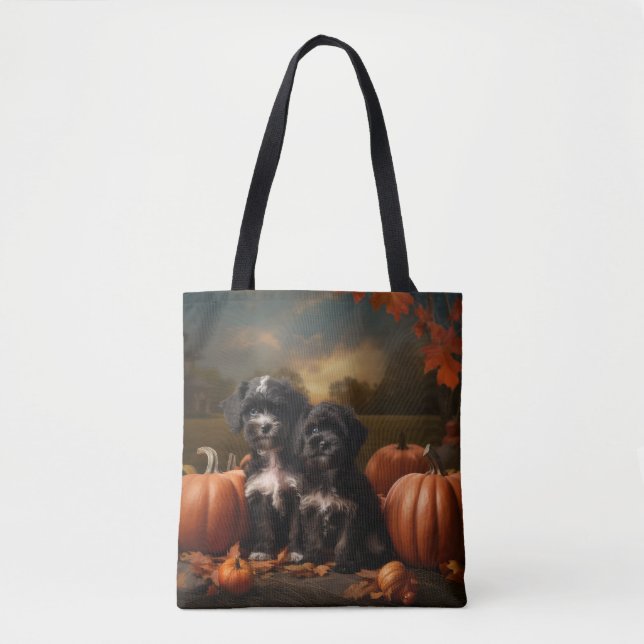 Yorkipoo Puppy Autumn Delight Pumpkin Tote Bag (Front)