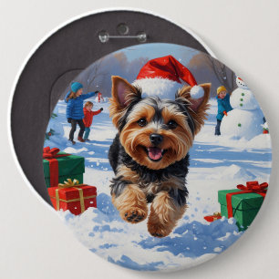Yorkipoo Running in Snow with Christmas Hat 6 Cm Round Badge