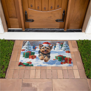 Yorkipoo Running in Snow with Christmas Hat Doormat