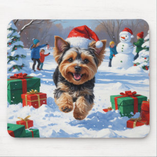 Yorkipoo Running in Snow with Christmas Hat Mouse Pad