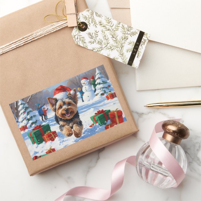 Yorkipoo Running in Snow with Christmas Hat Rectangular Sticker (Gifting)