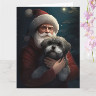 Yorkipoo With Santa Claus Festive Christmas Card