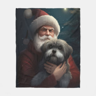 Yorkipoo With Santa Claus Festive Christmas Fleece Blanket