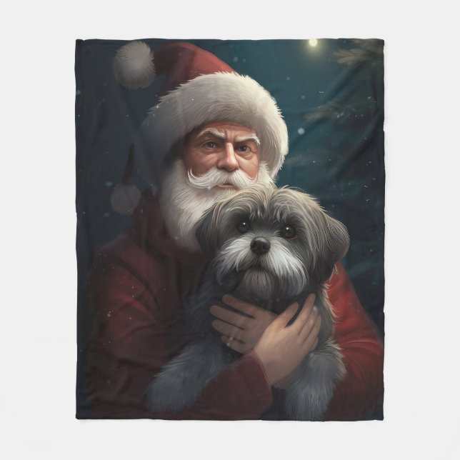 Yorkipoo With Santa Claus Festive Christmas Fleece Blanket (Front)