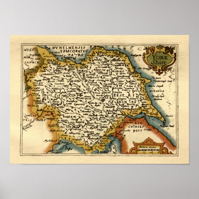Yorkshire County Map, England Poster (Front)