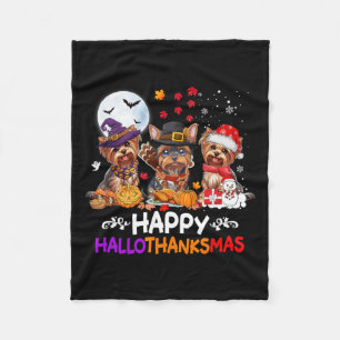 Yorkshire Dog Christmas Happy Hallothankmas Thanks Fleece Blanket