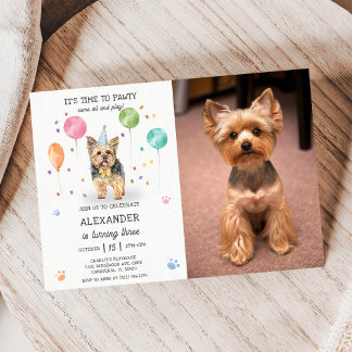 Yorkshire Lets Dog Pawty Puppy Birthday Pink Photo Invitation