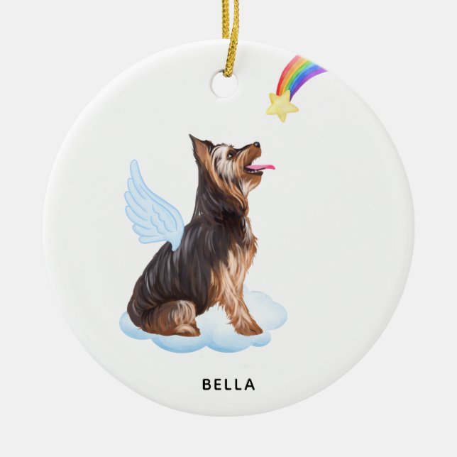 Yorkshire Terrier Angel Personalised Dog Memorial Ceramic Tree Decoration (Front)