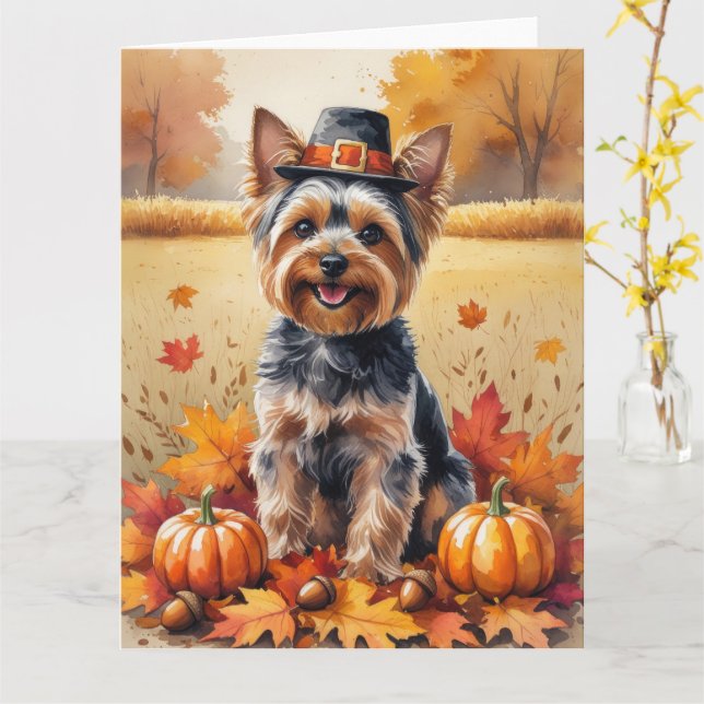 Yorkshire Terrier Autumn Leaves Thanksgiving Art Card (Yellow Flower)