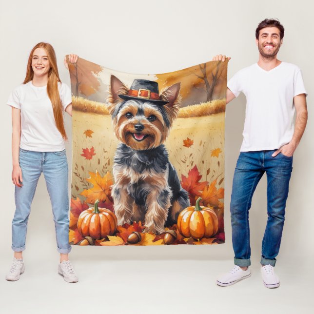 Yorkshire Terrier Autumn Leaves Thanksgiving Art Fleece Blanket (In Situ)