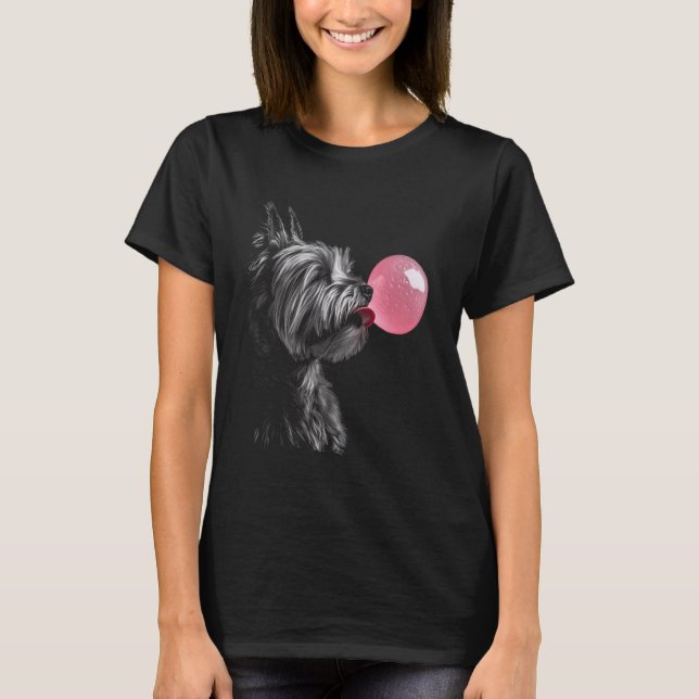 Yorkshire Terrier Blowing Bubble Gum Pink T-Shirt (Front)