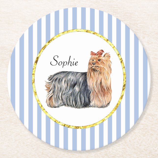 Yorkshire Terrier Blue Stripes Personalise Round Paper Coaster (Front)