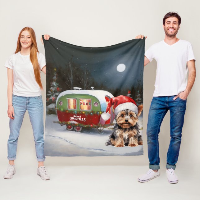 Yorkshire Terrier Caravan Christmas Adventure Fleece Blanket (In Situ)