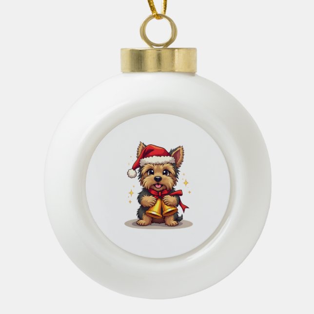 Yorkshire Terrier Christmas Bells Ceramic Ball Christmas Ornament (Front)
