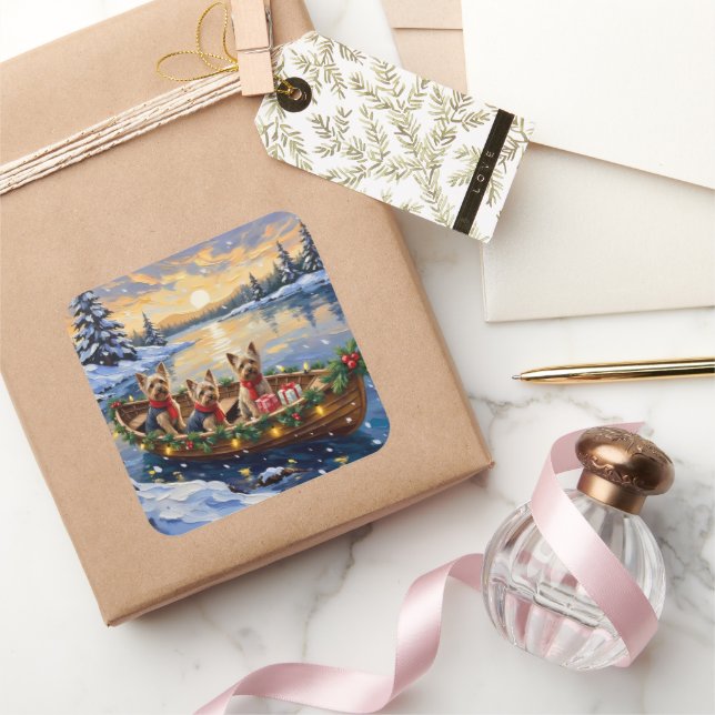 Yorkshire Terrier Christmas Boat Holiday Square Sticker (Gifting)