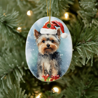 Yorkshire Terrier Christmas brush painting artwork Ceramic Tree Decoration