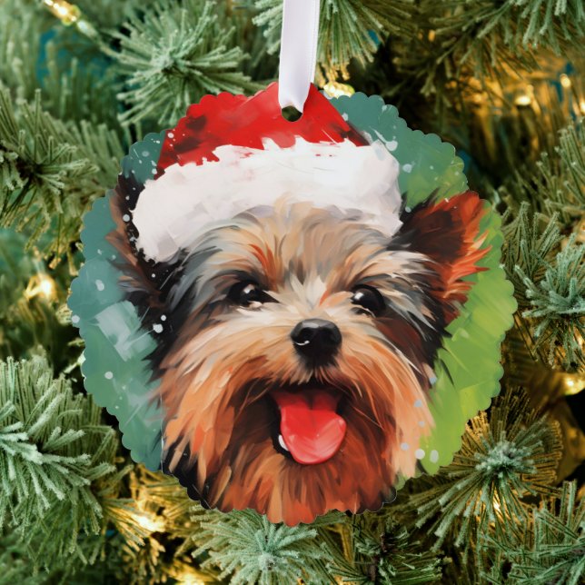 Yorkshire Terrier Christmas brush painting artwork Tree Decoration Card (Insitu (Tree))