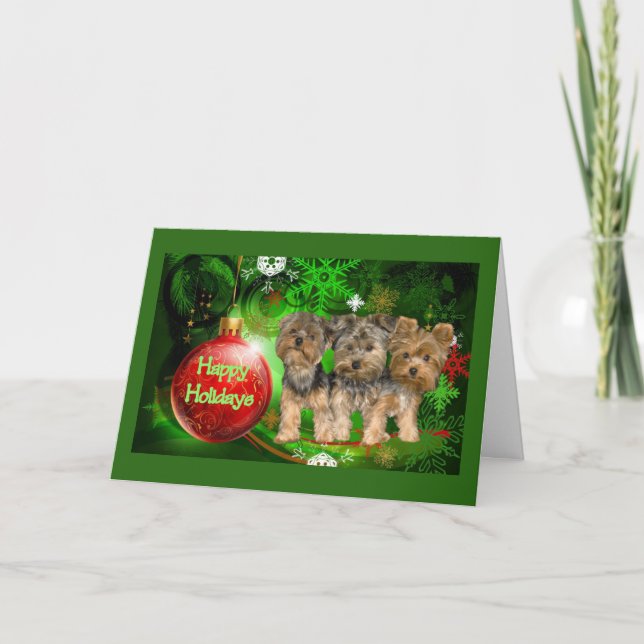 Yorkshire Terrier Christmas Card Red Ball (Front)