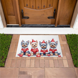 Yorkshire Terrier Christmas Dress Santa Hat Doormat