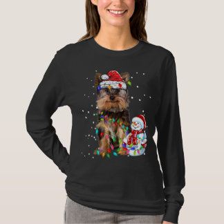 Yorkshire Terrier Christmas Santa Hat Xmas Lights  T-Shirt
