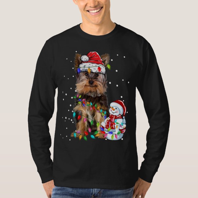 Yorkshire Terrier Christmas Santa Hat Xmas Lights  T-Shirt (Front)