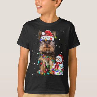 Yorkshire Terrier Christmas Santa Hat Xmas Lights  T-Shirt