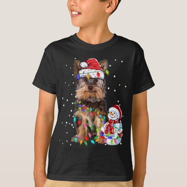 Yorkshire Terrier Christmas Santa Hat Xmas Lights  T-Shirt (Front)