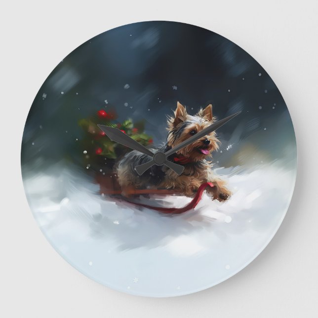 Yorkshire Terrier Christmas snow winter  Large Clock (Front)