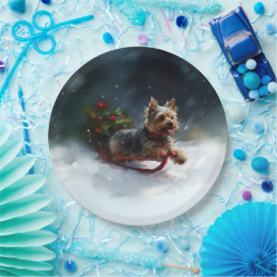 Yorkshire Terrier Christmas snow winter  Paper Plate