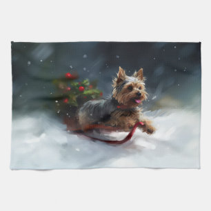 Yorkshire Terrier Christmas snow winter Tea Towel